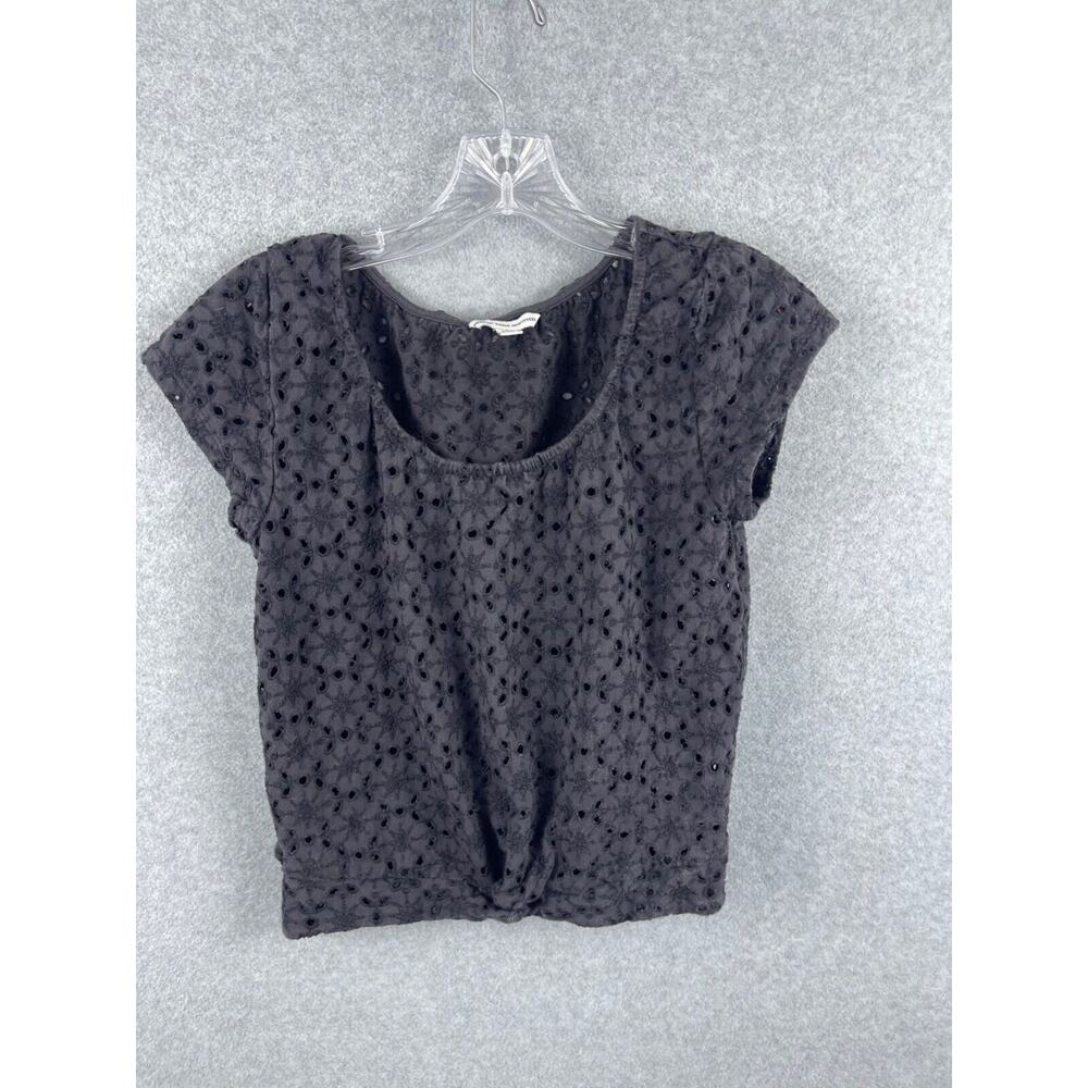 American Eagle Knit Top Junior's M Black Cropped Light Scoop Neck Cap Sleeve